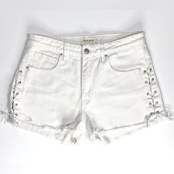 PACSUN Lace-up White Denim‎ High Waisted Short Raw Hem Size 29 - Picture 1 of 10